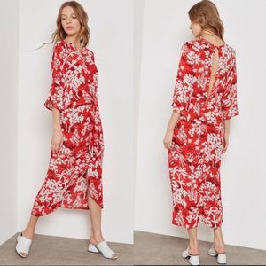 Topshop Red Leaf Fern Print Knot Front Keyhole Kimono Style Midi Dress Size 6